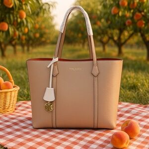 NEW Tory Burch Perry Triple Compartment Tote Devon Sand Soft Beige Leather Bag